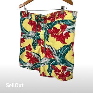 Nautica Men's XL Yellow Hawaiian Floral Swim Trunks Tropical Shorts like‎ New